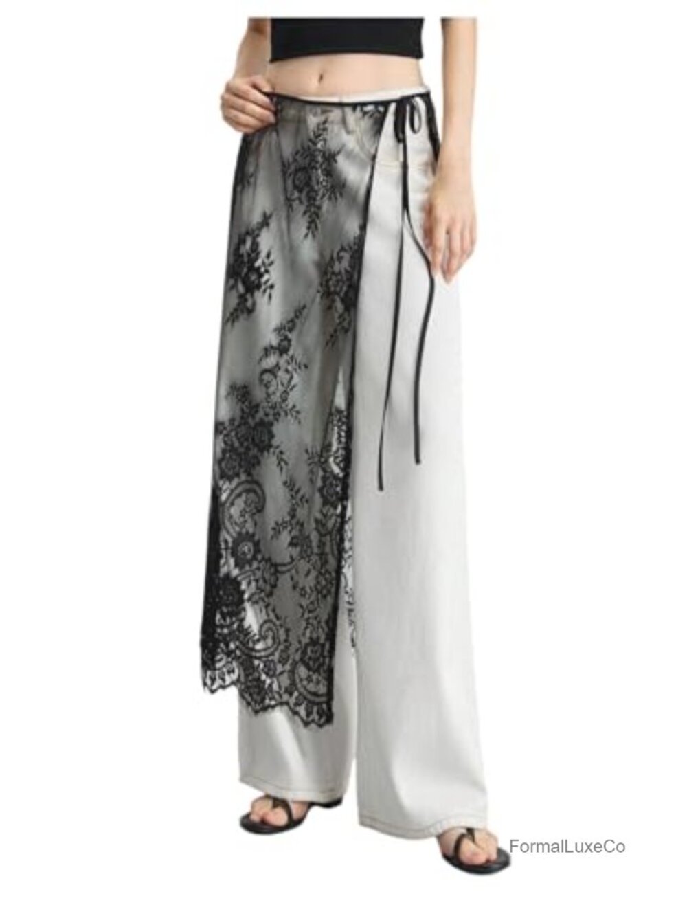 MakeMeChic Womens Polyamide Lace Floral Wrap Tie Side Long Skirt